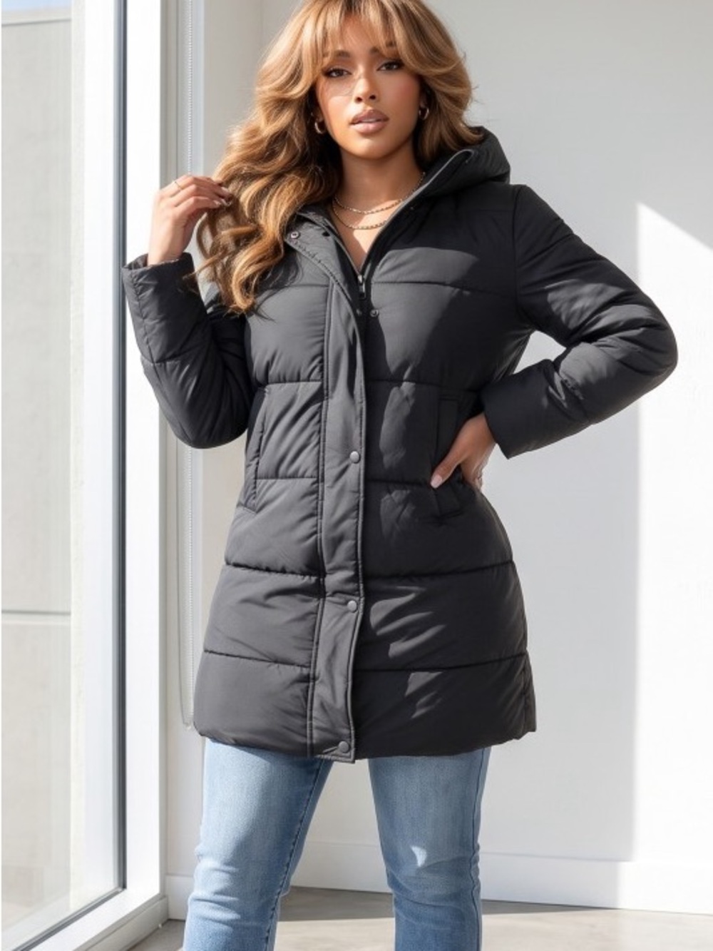 Women's Black Hooded Puffer Coat J-55040
